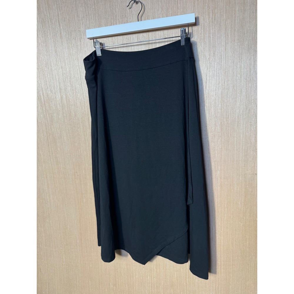 Eileen Fisher Black Rayon Lycra Asymmetrical Wrap Front Midi Skirt Womens Large